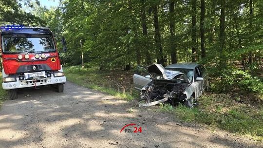 Groźny wypadek na leśnej drodze. Audi zostało doszczętnie zniszczone