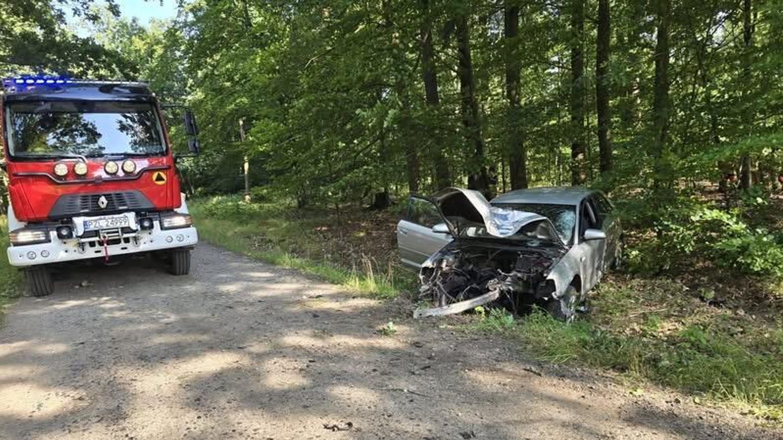Groźny wypadek na leśnej drodze. Audi zostało doszczętnie zniszczone