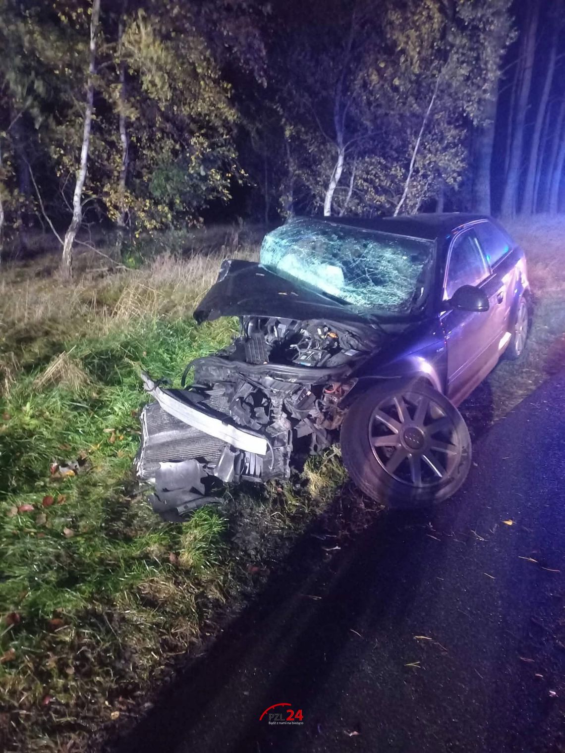 Audi rozbite na drzewie. Kierowca miał już dwukrotnie zatrzymywane prawo jazdy