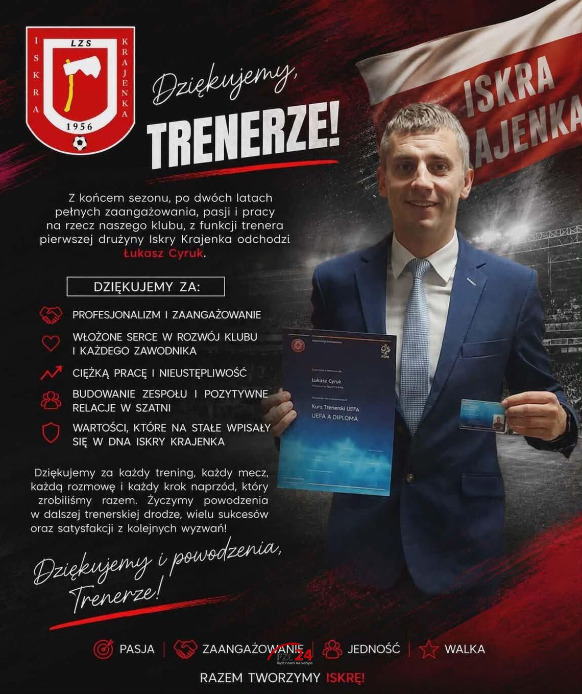 Iskra Krajenka żegna trenera Łukasza Cyruka. „Dziękujemy, Trenerze!” Iskra Krajenka żegna trenera Łukasza Cyruka. „Dziękujemy, Trenerze!”