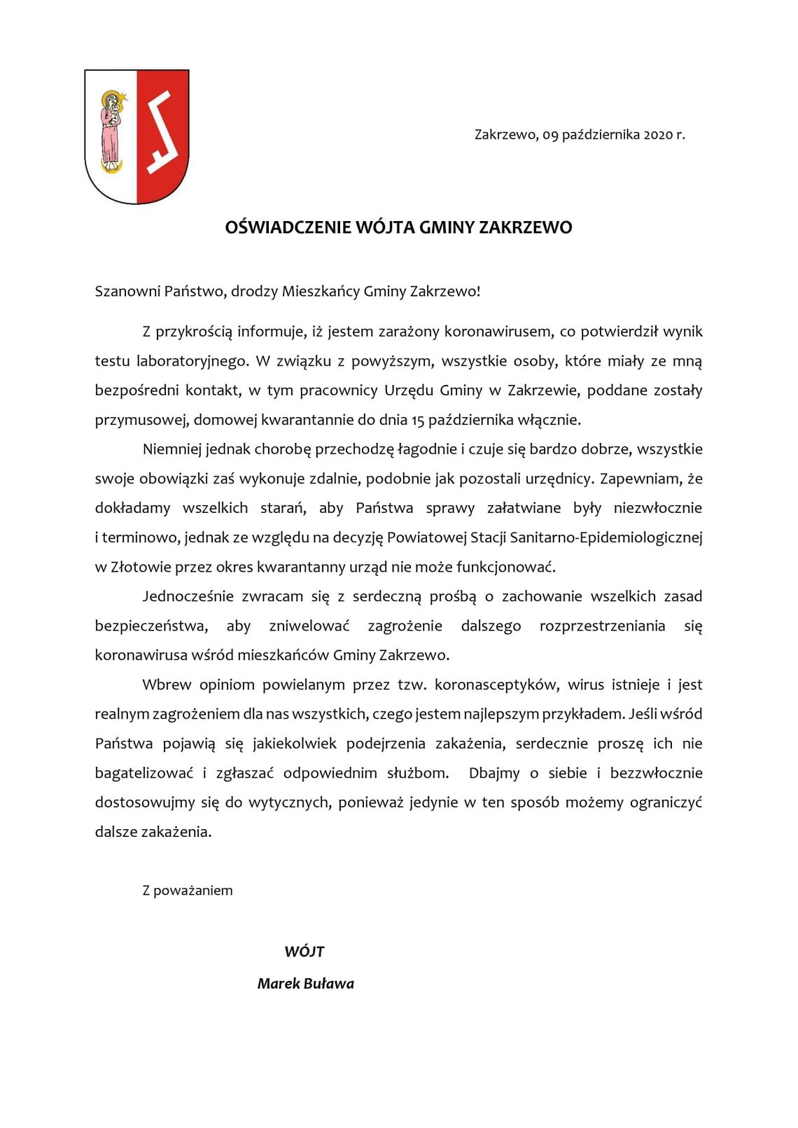 Oświadczenie wójta gminy Zakrzewo